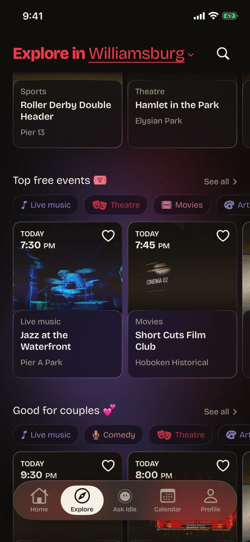 Explore scrolled down: Top free events and Good for couples, each a row of event cards with kind chips over it.