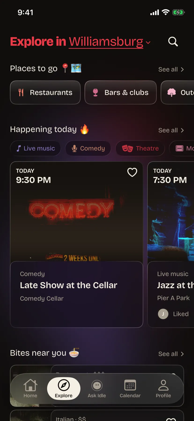 Idle’s Explore page: “Explore in Williamsburg”, places to go, then what’s happening today as event cards with photos, each with a heart to like it.